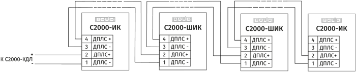  Схема подключения адресных извещателей в ДПЛС с топологией построения «шина»